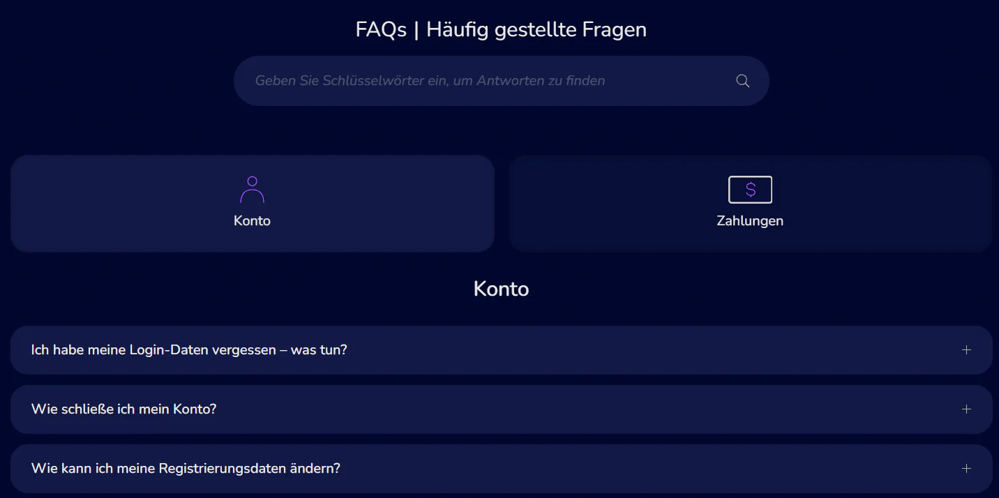 WeezyBet Casino FAQ-Bereich mit Suchfunktion und häufig gestellten Fragen zu Konto, Zahlungen und Registrierung