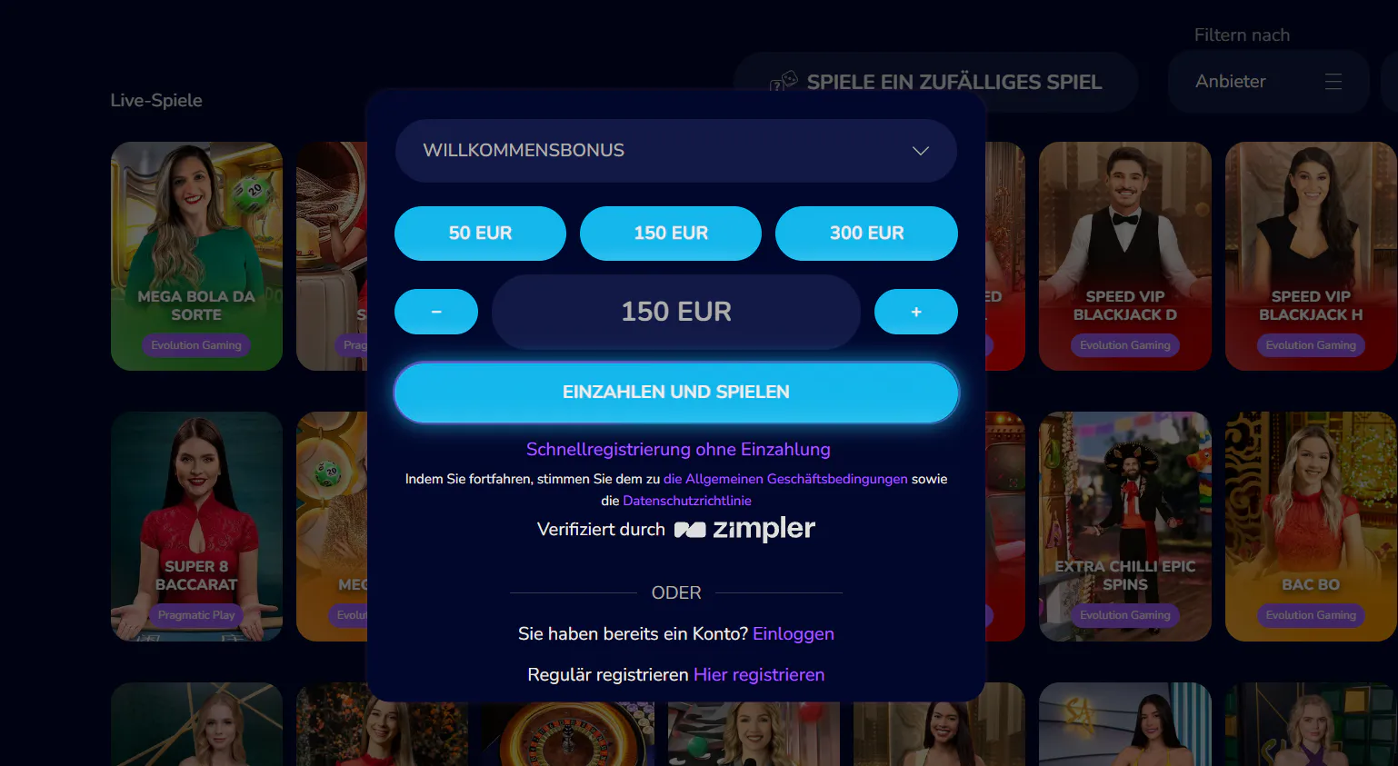 WeezyBet Casino Schnellregistrierung mit Willkommensbonus-Auswahl, Einzahlungsbetrag und Zimpler-Zahlung